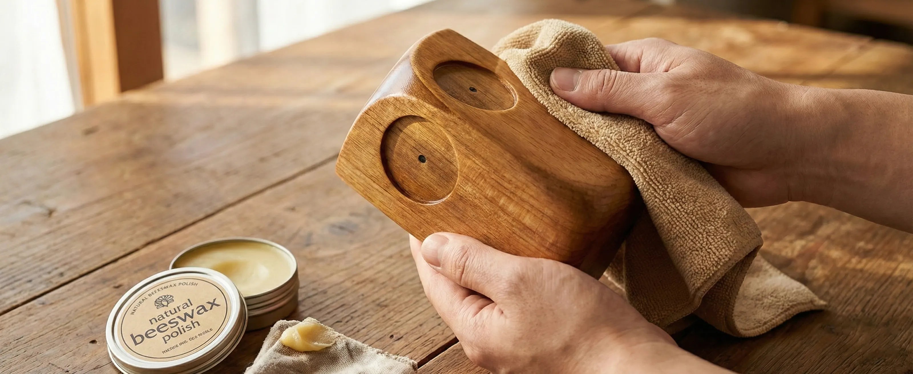Close-up of hands polishing a wooden owl statue with natural beeswax and a soft cloth. Maintenance tips for preserving handcrafted rustic wood decor