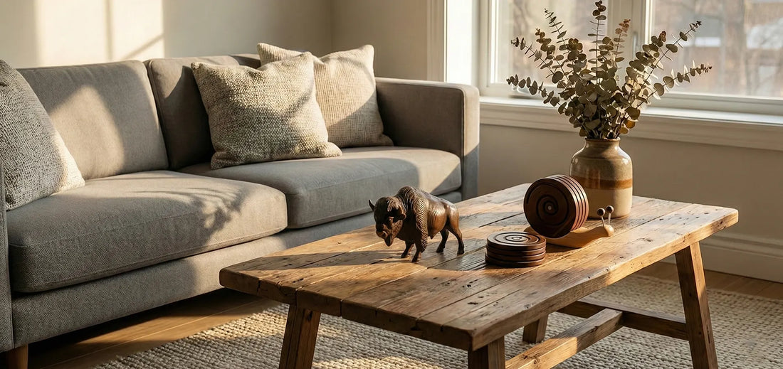 Modern grey sofa paired with a handcrafted wooden bison statue on a rustic coffee table. Warm, minimalist living room design mixing modern and rustic styles.