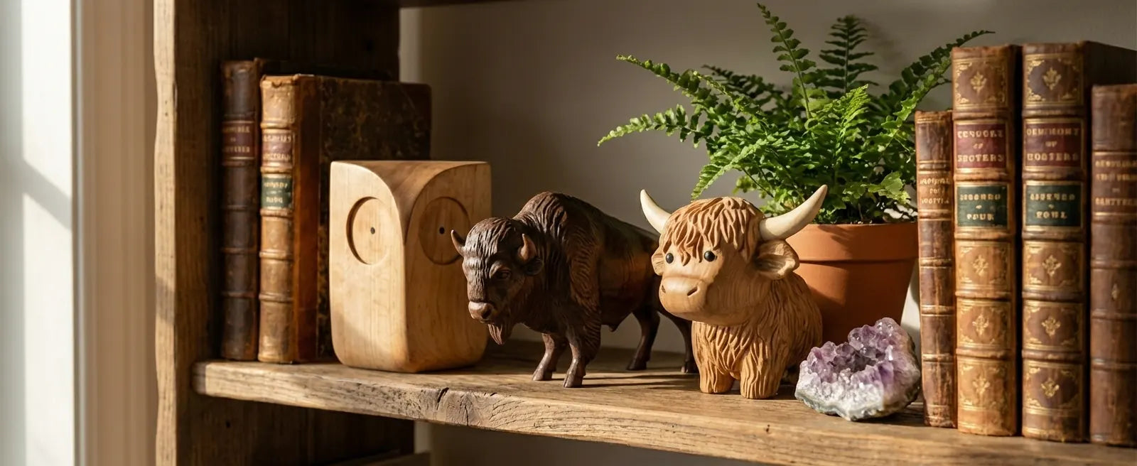Trio of hand-carved wooden spirit animals including owl, bison, and highland cow on a rustic shelf. Meaningful animal symbolism in home decor