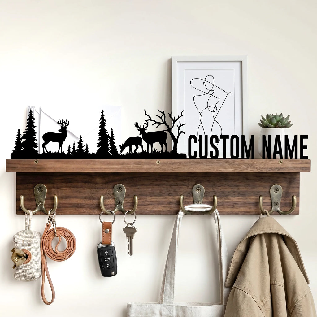 Custom Metal Art Key Holder - Walnut Entryway Organizer & Wooden Coat Rack Wall with Shelf