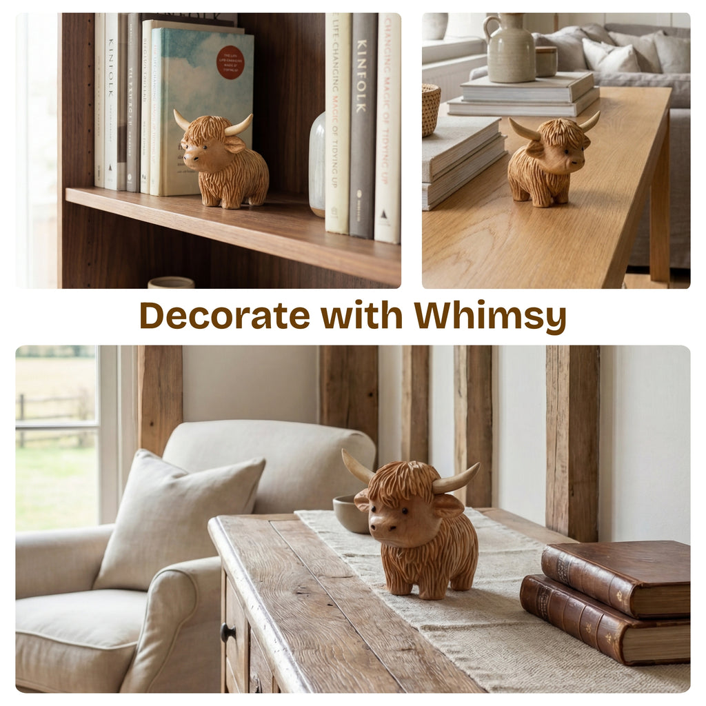 BeeRusty™ Hand Carved Wooden Highland Cow Figurine - Rustic Farmhouse Decor Gift