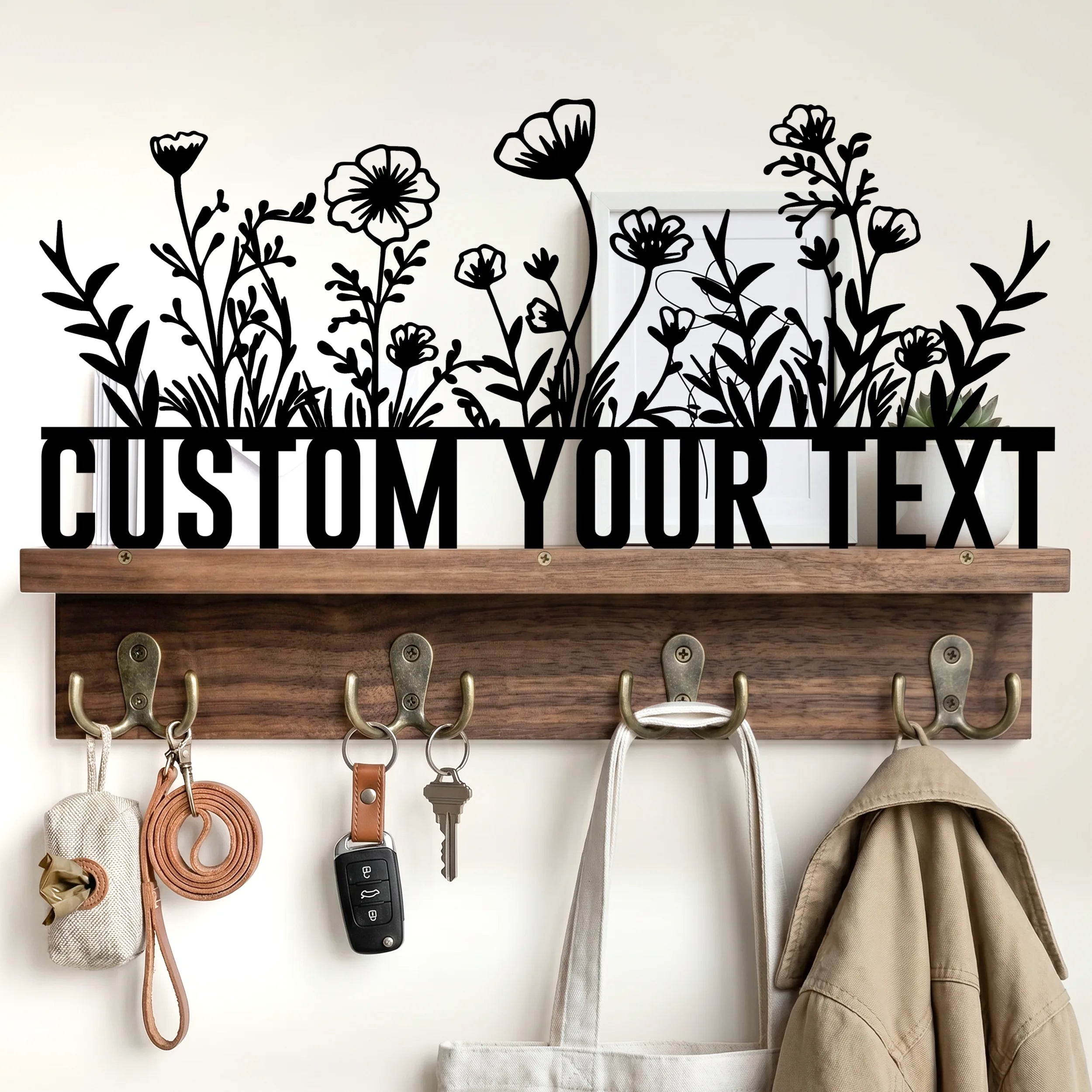 Custom Metal Art Key Holder - Walnut Entryway Organizer & Wooden Coat Rack Wall with Shelf