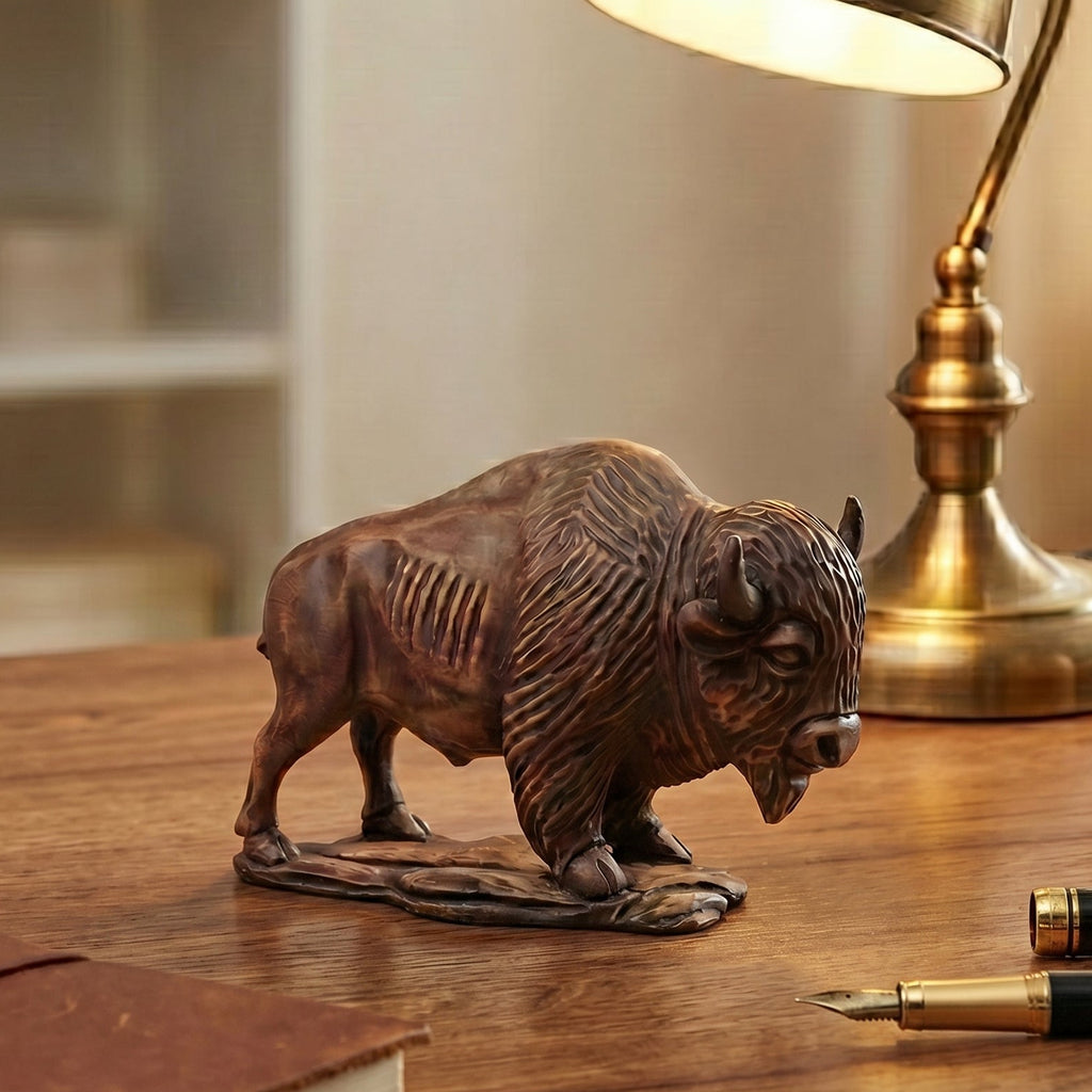 Bison Figurine - Hand-carved Wooden Animal Figurine