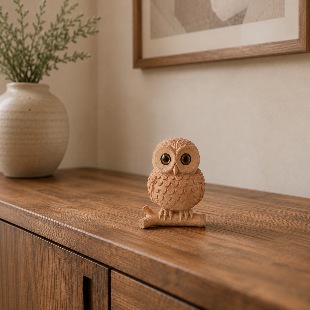 Owl Figurine - Hand-carved Wooden Animal Figurine