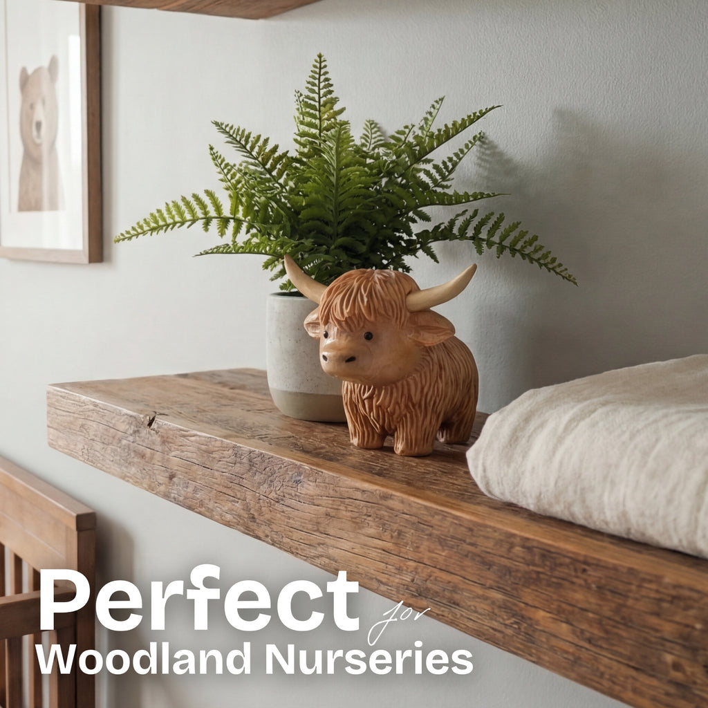 BeeRusty™ Hand Carved Wooden Highland Cow Figurine - Rustic Farmhouse Decor Gift