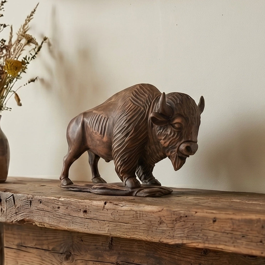 Bison Figurine - Hand-carved Wooden Animal Figurine