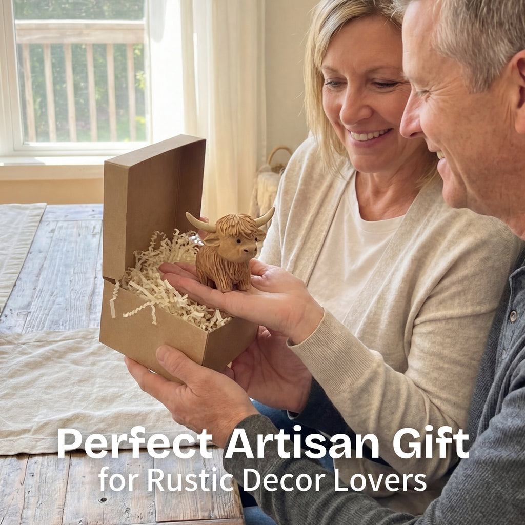 BeeRusty™ Hand Carved Wooden Highland Cow Figurine - Rustic Farmhouse Decor Gift