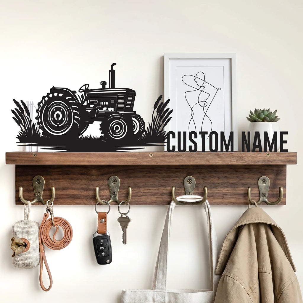 Custom Metal Art Key Holder - Walnut Entryway Organizer & Wooden Coat Rack Wall with Shelf