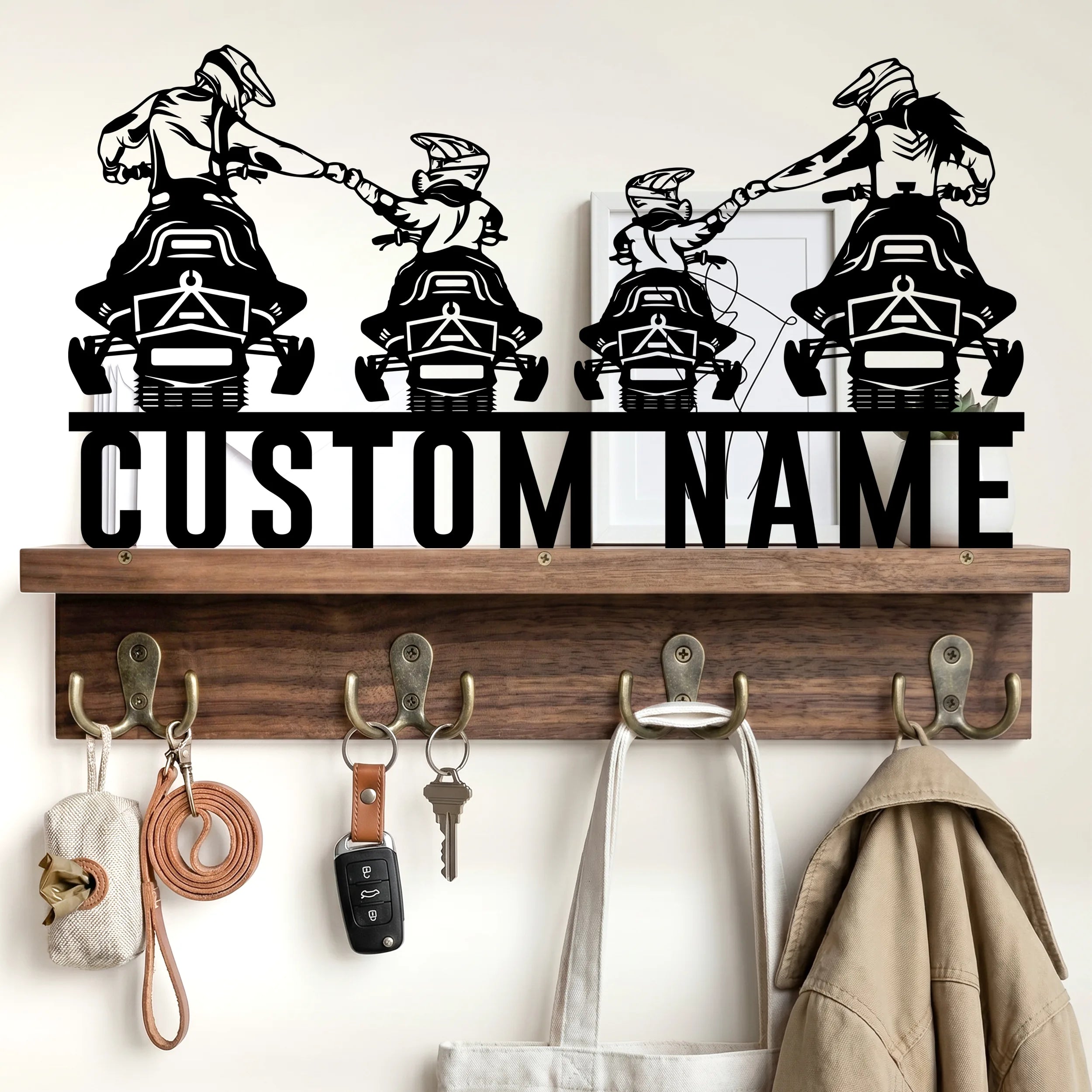 Custom Metal Art Key Holder - Walnut Entryway Organizer & Wooden Coat Rack Wall with Shelf