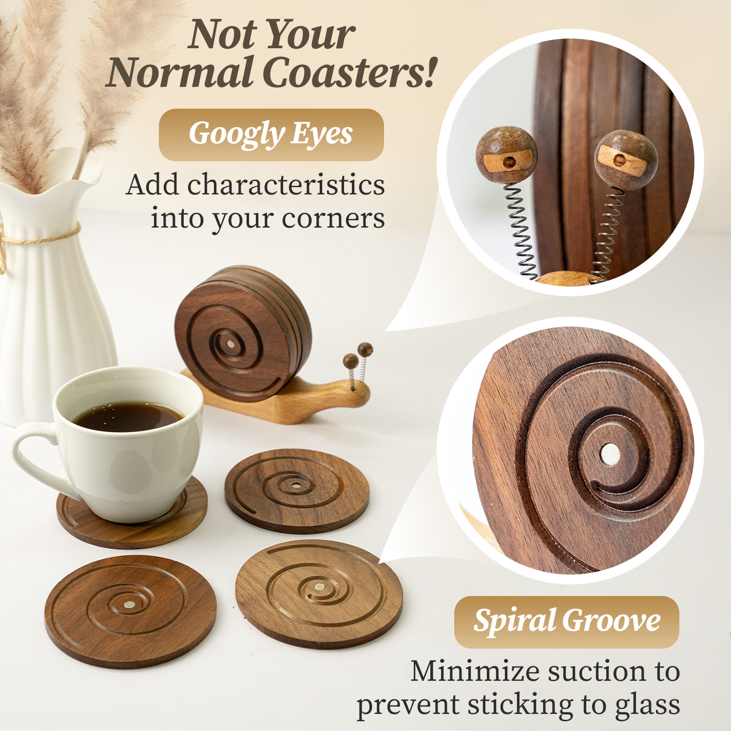 BeeRusty™ – Set of 6 Hand-carved Wooden Coasters with Snail Holder