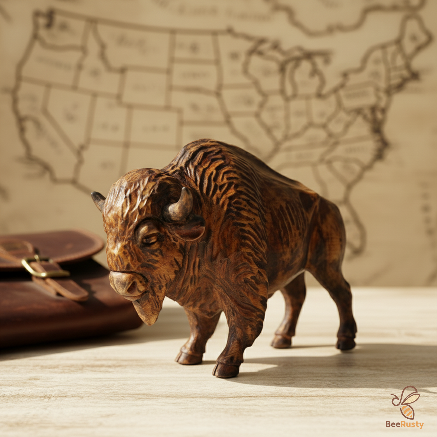 BeeRusty™ Hand-Carved Wooden Bison Figurine