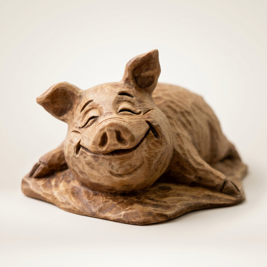 Pig Figurine - Hand-carved Wooden Animal Figurine