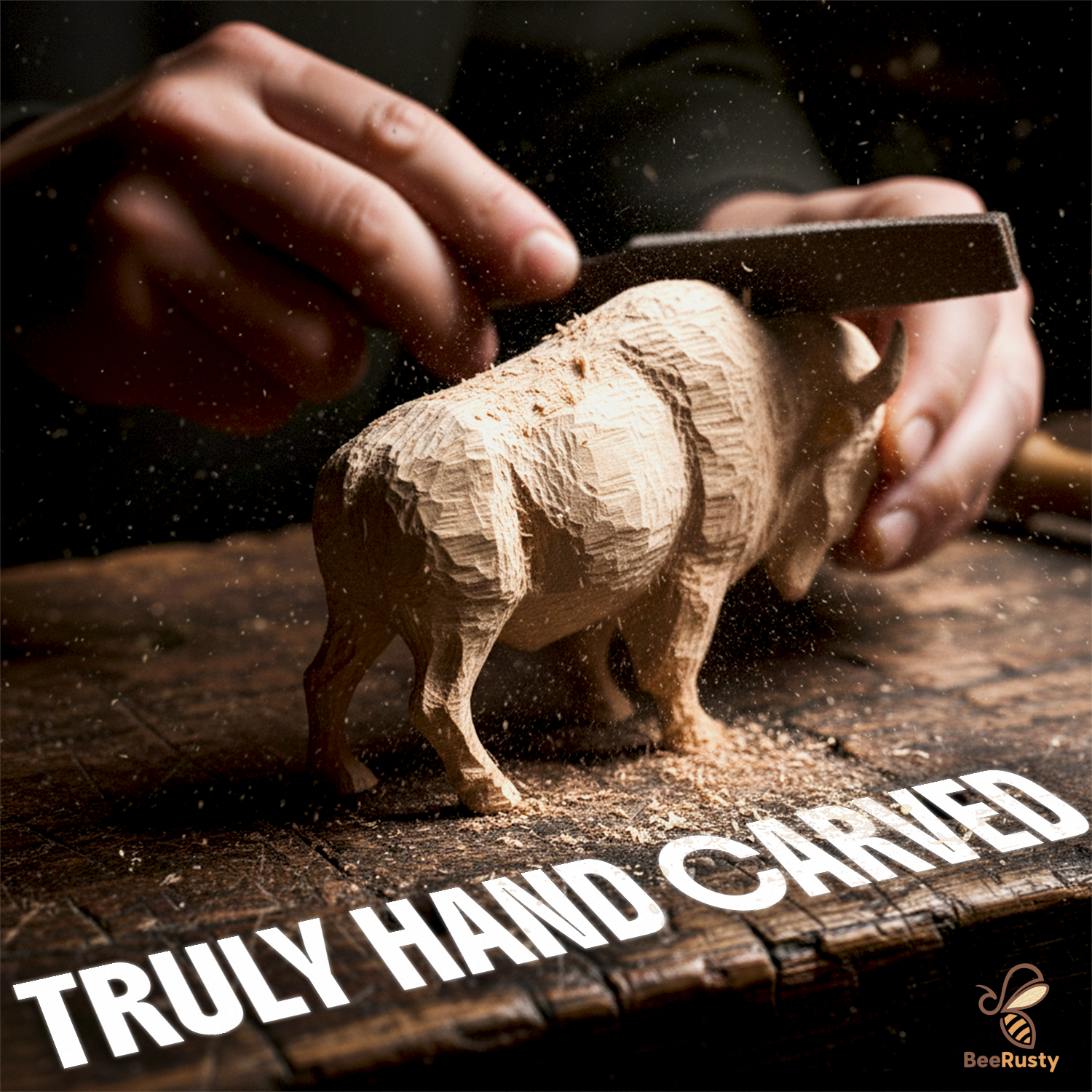 BeeRusty™ Hand-Carved Wooden Bison Figurine