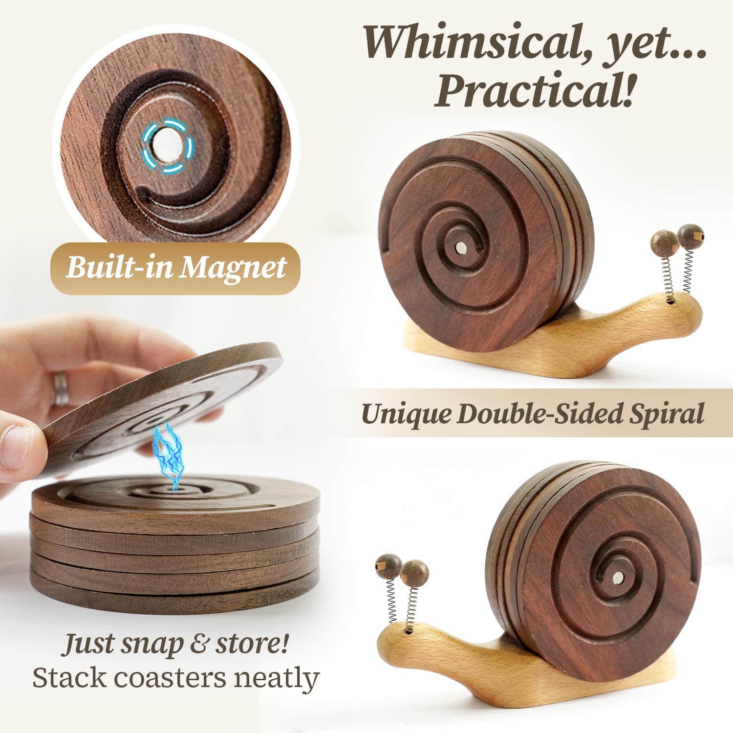 BeeRusty™ – Set of 6 Hand-carved Wooden Coasters with Snail Holder