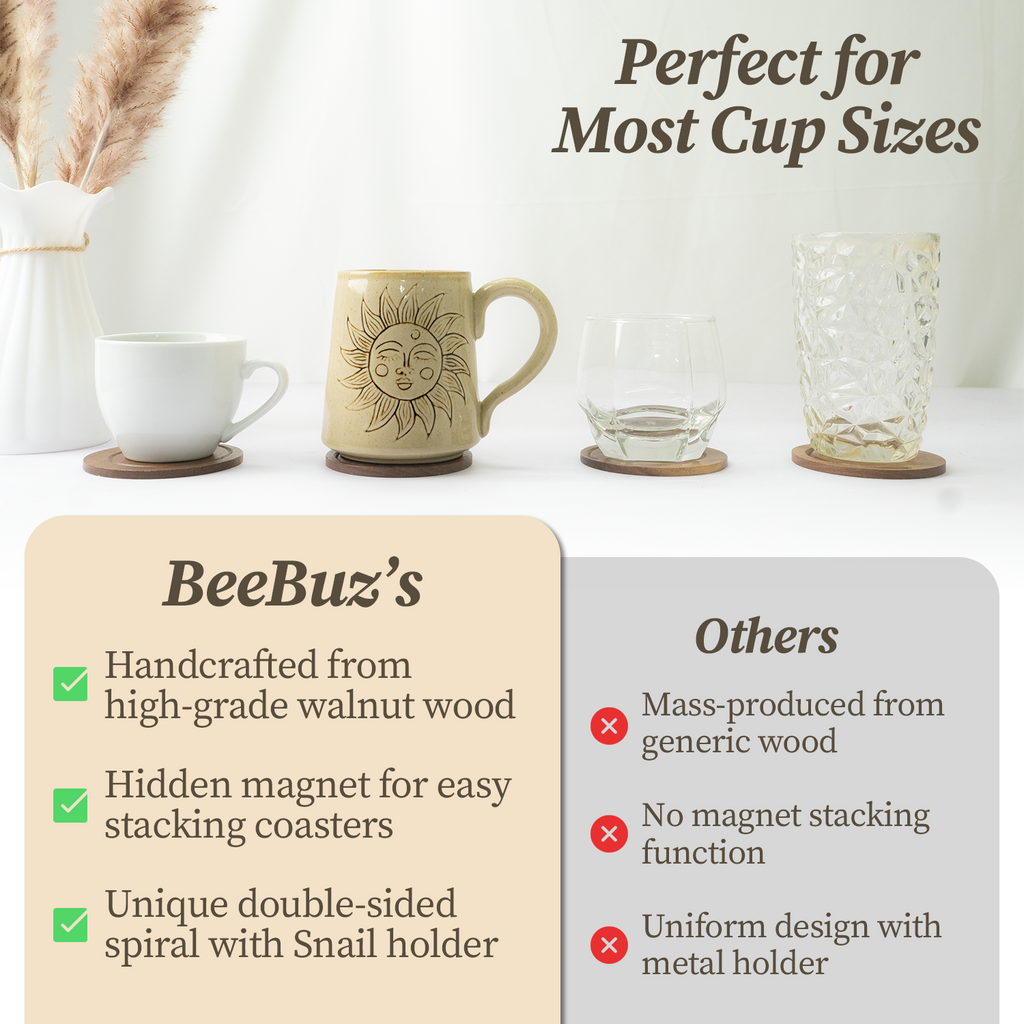 BeeRusty™ – Set of 6 Hand-carved Wooden Coasters with Snail Holder