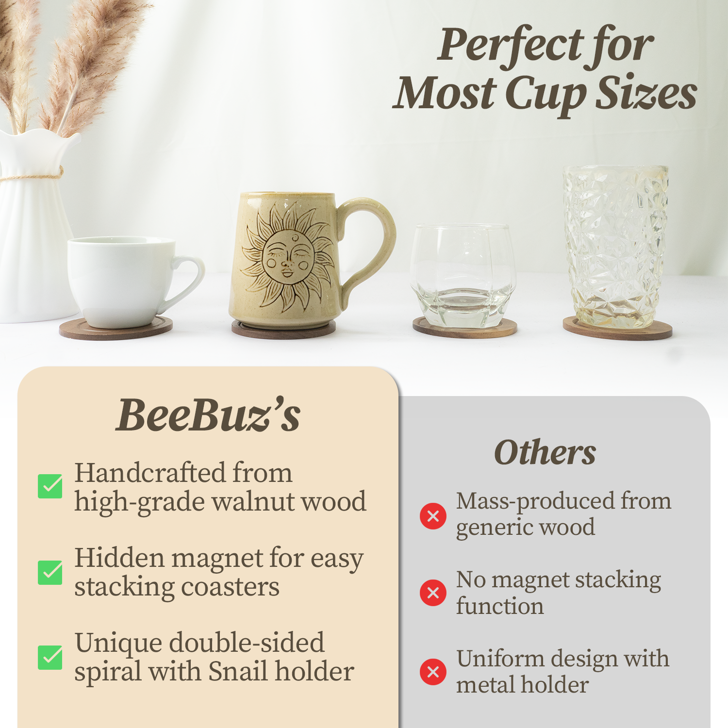 BeeRusty™ – Set of 6 Hand-carved Wooden Coasters with Snail Holder