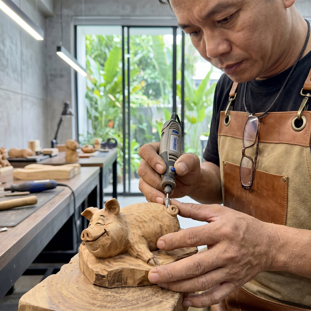Pig Figurine - Hand-carved Wooden Animal Figurine