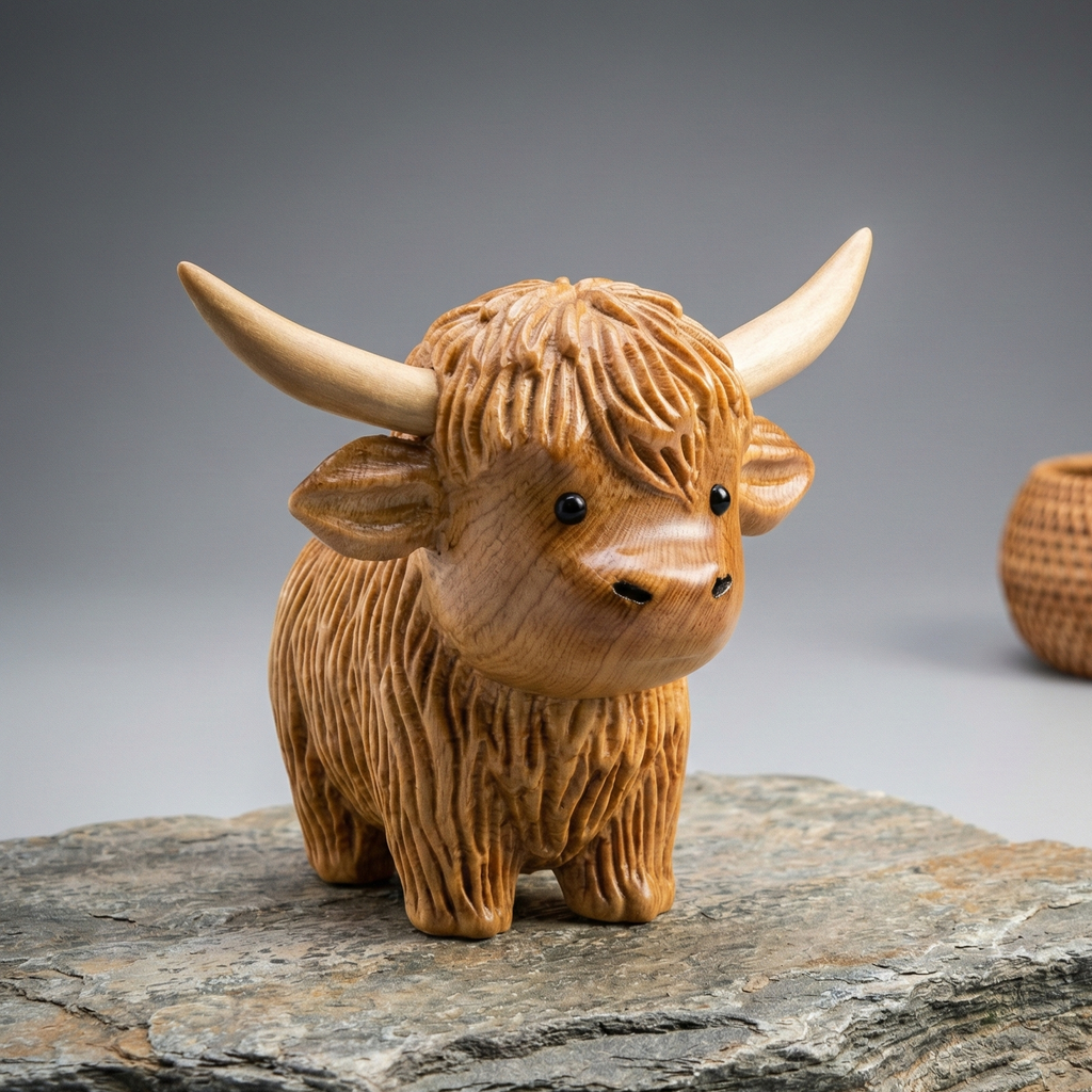 BeeRusty™ Hand Carved Wooden Highland Cow Figurine - Rustic Farmhouse Decor Gift