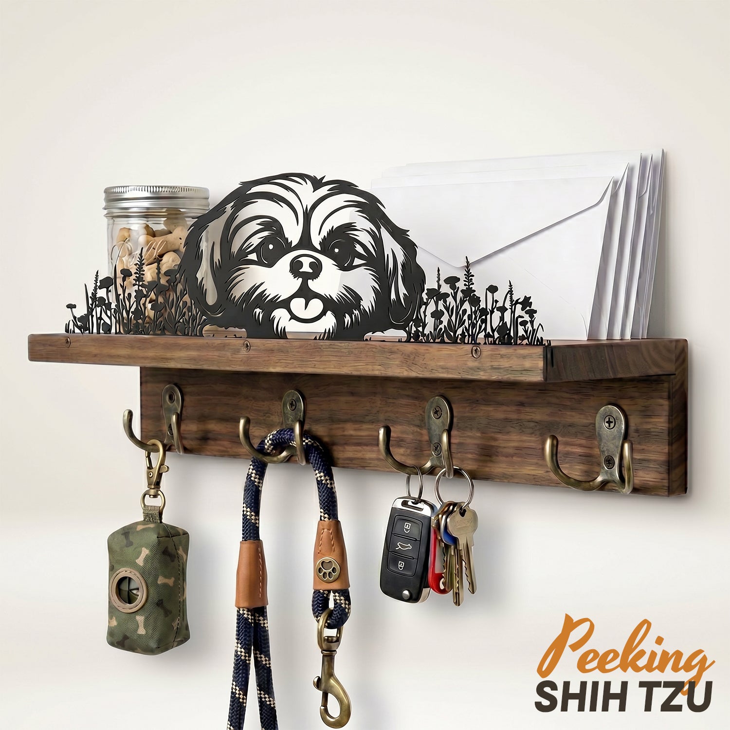 Wall Mounted Key Holder - Walnut Leash Hanger & Entryway Organizer (Custom Available)