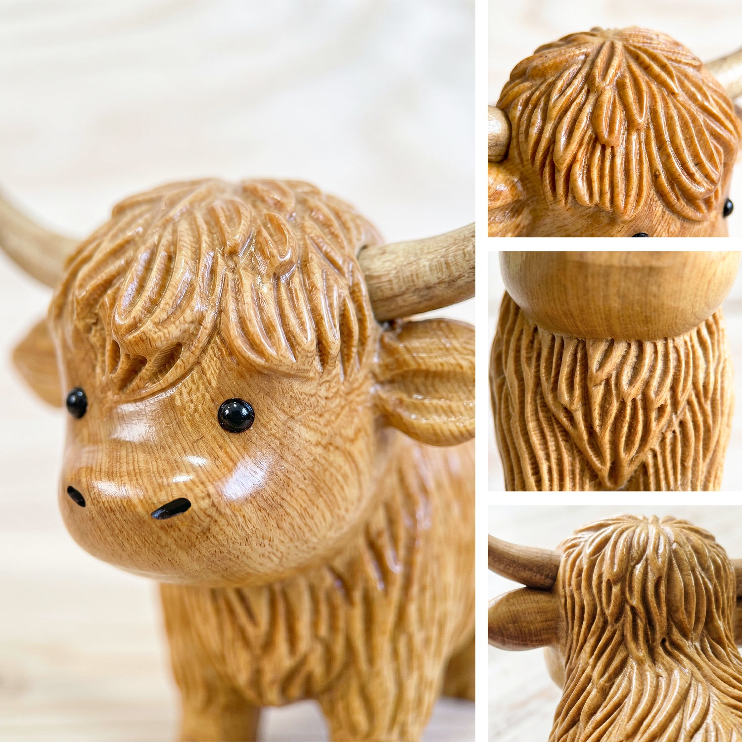Highland Cow Figurine - Hand-carved Wooden Animal Figurine