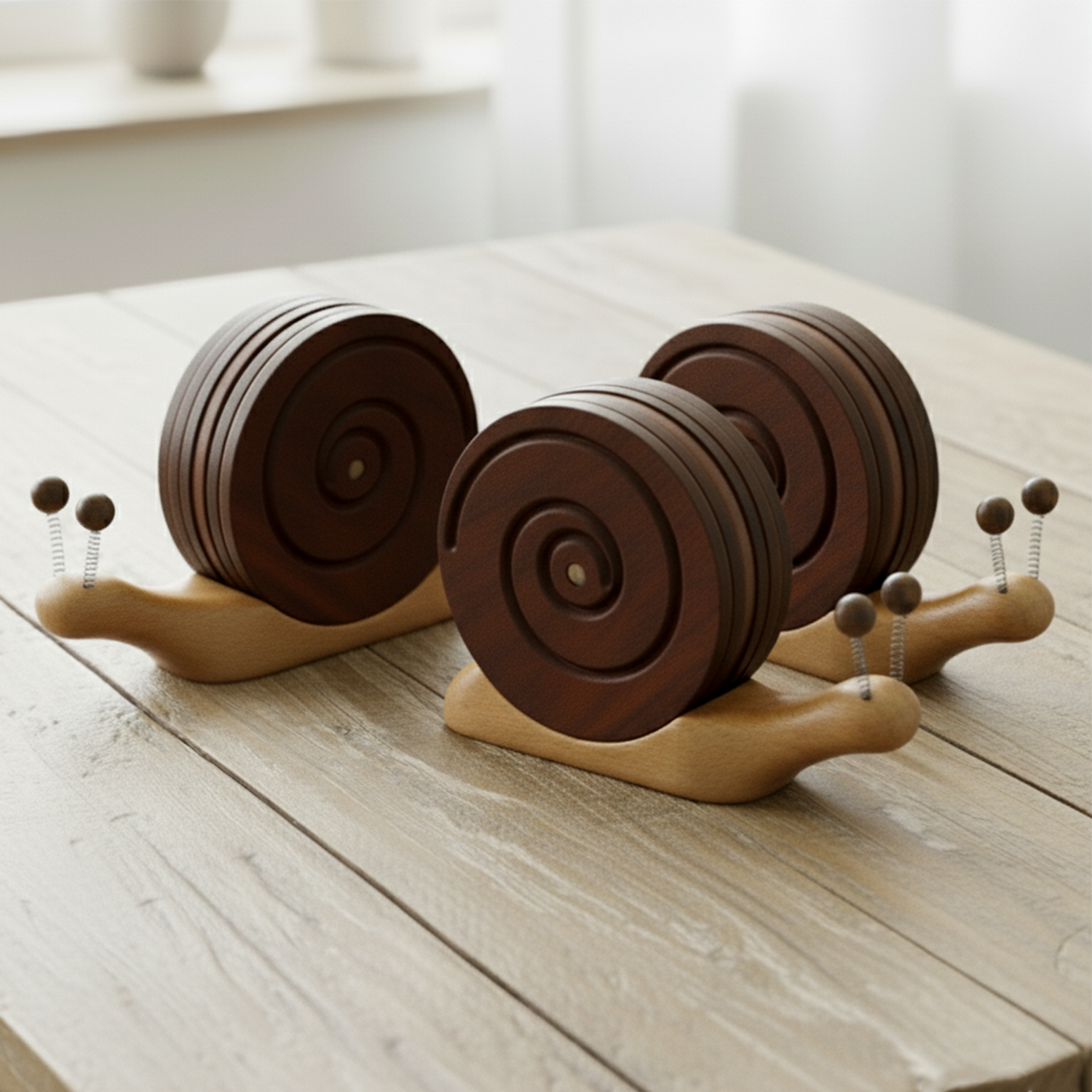 BeeRusty™ – Set of 6 Hand-carved Wooden Coasters with Snail Holder