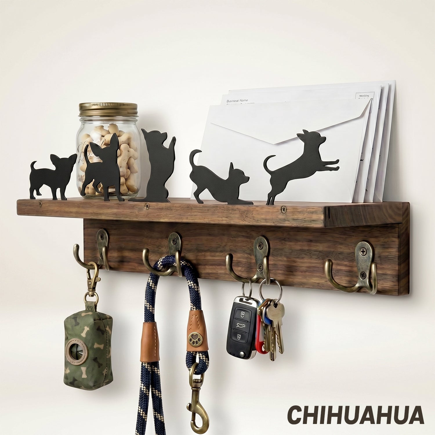 Wall Mounted Key Holder - Walnut Leash Hanger & Entryway Organizer (Custom Available)