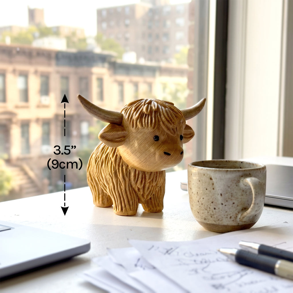 Highland Cow Figurine - Hand-carved Wooden Animal Figurine