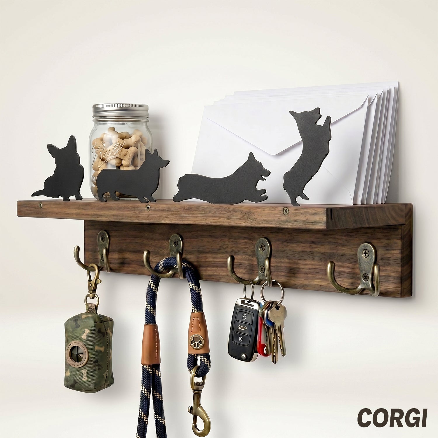 Wall Mounted Key Holder - Walnut Leash Hanger & Entryway Organizer (Custom Available)