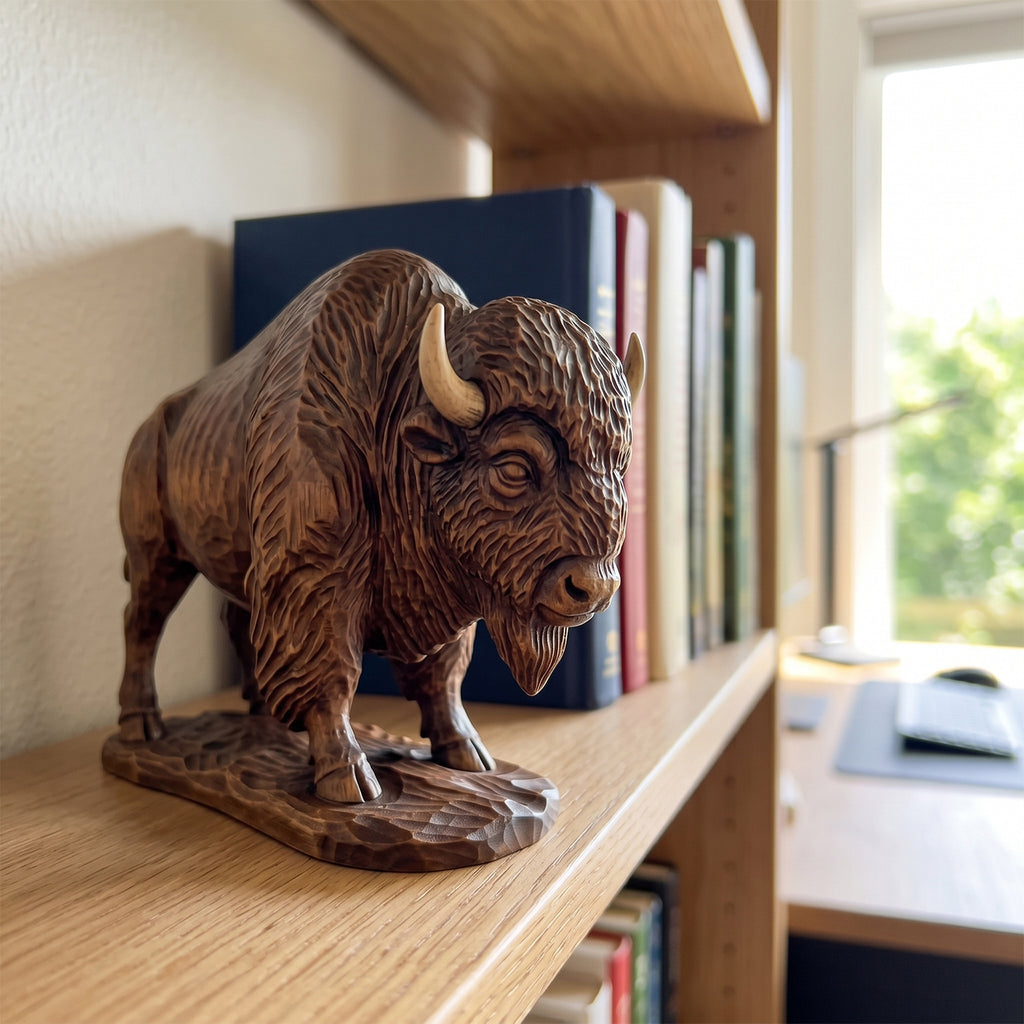 Bison Figurine - Hand-carved Wooden Animal Figurine