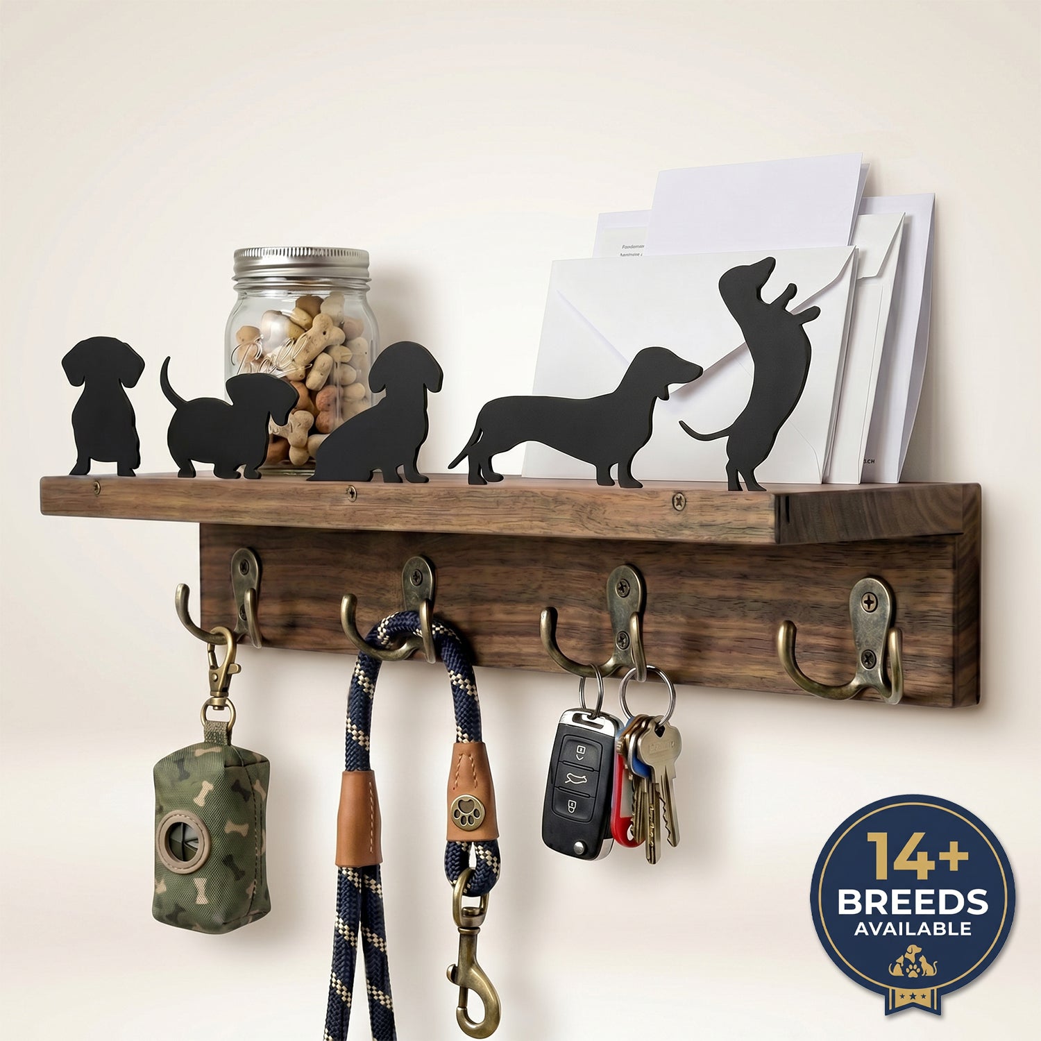 Wall Mounted Key Holder - Walnut Leash Hanger & Entryway Organizer (Custom Available)