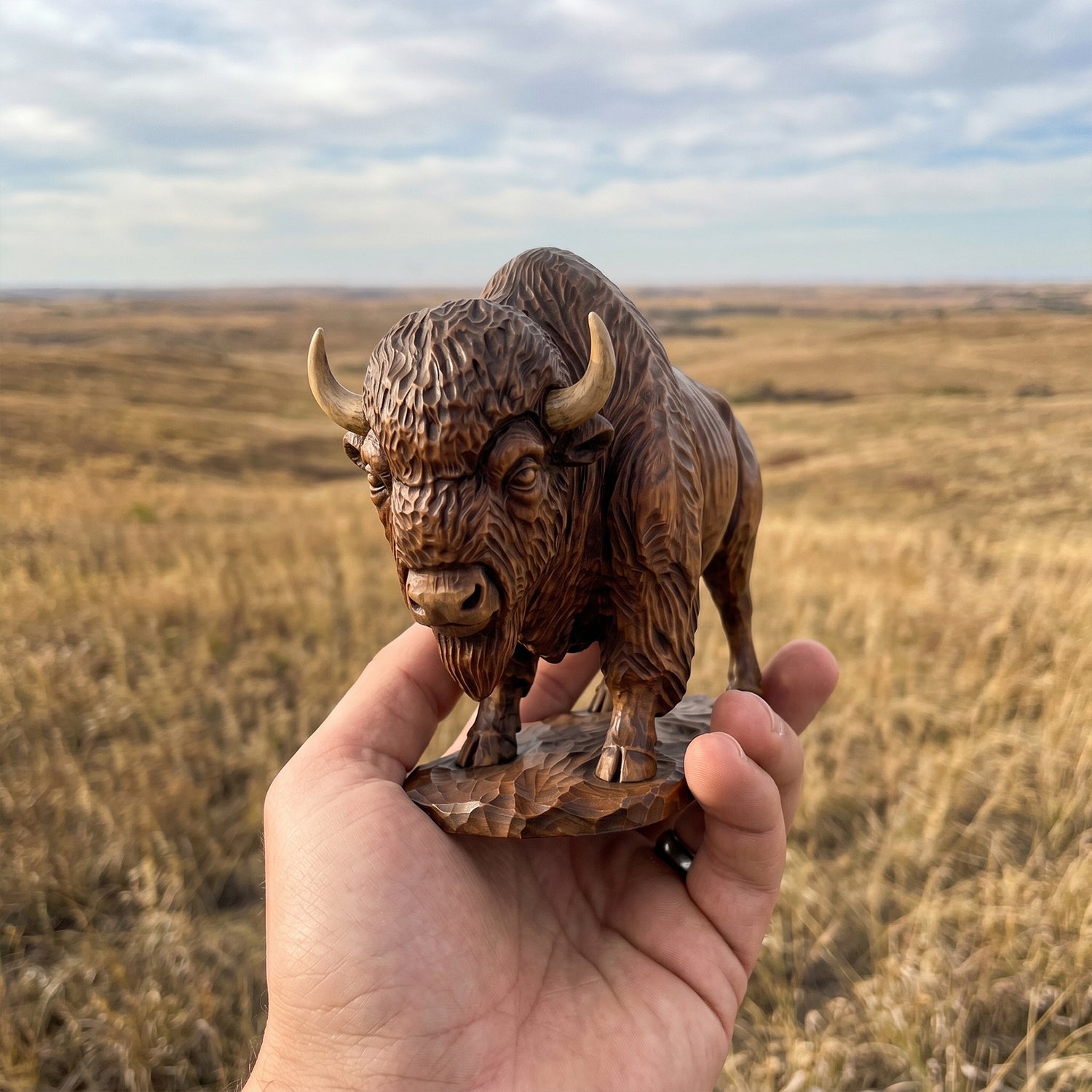 Bison Figurine - Hand-carved Wooden Animal Figurine