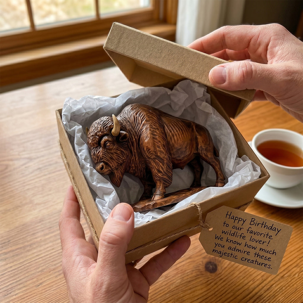 Bison Figurine - Hand-carved Wooden Animal Figurine
