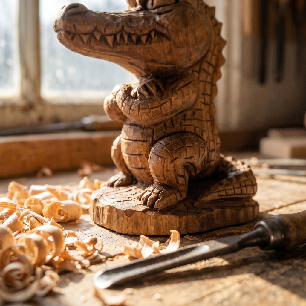 Crocodile Figurine - Hand-carved Wooden Animal Figurine