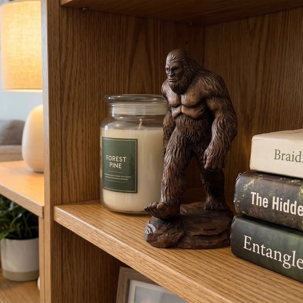 Wooden Bigfoot statue next to a Forest Pine candle on a wooden shelf with books.