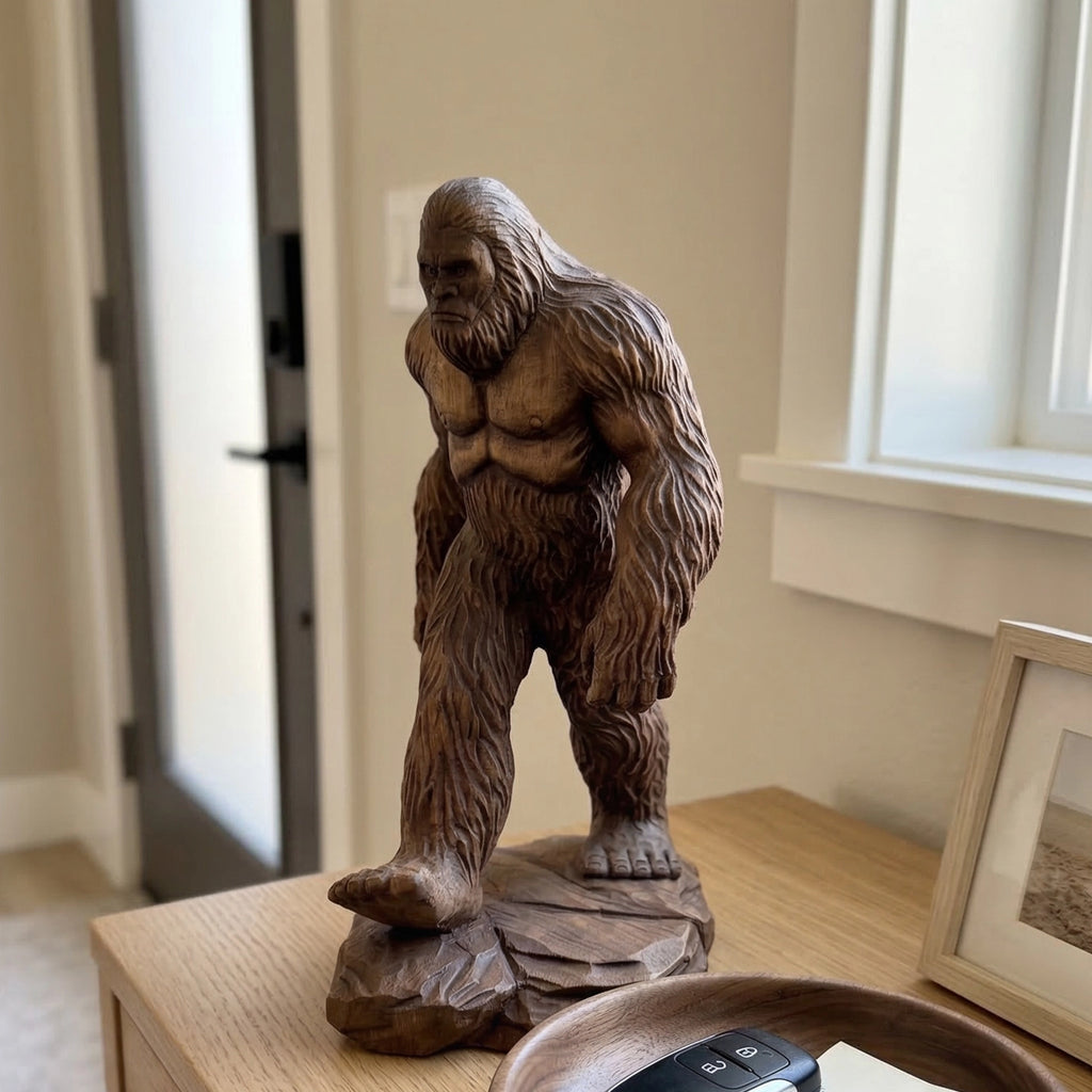 Wooden statue of a bigfoot creature on a table in a room with a window and door.