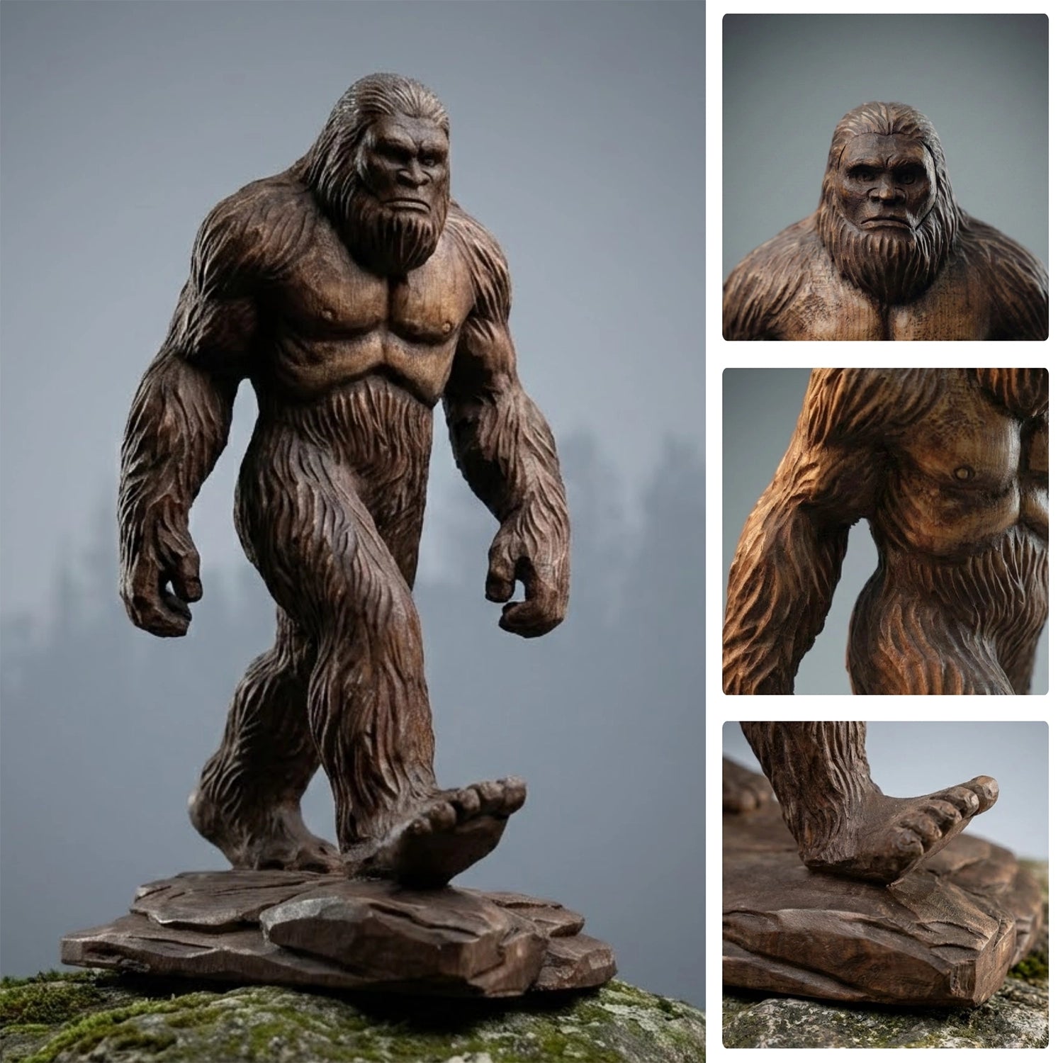 Statue of a creature resembling Bigfoot on a rock with close-up details shown.