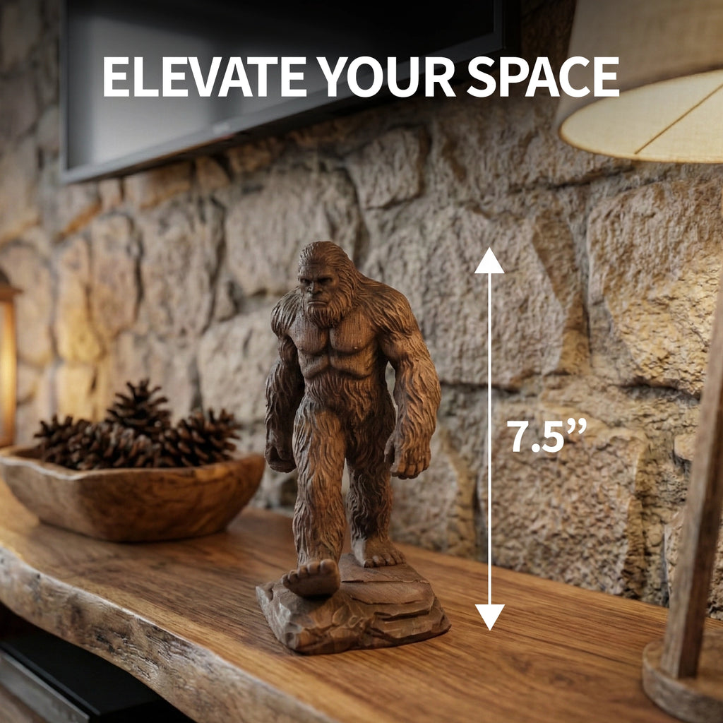 Wooden Bigfoot figurine on a shelf with measurement label and text 'Elevate Your Space'.