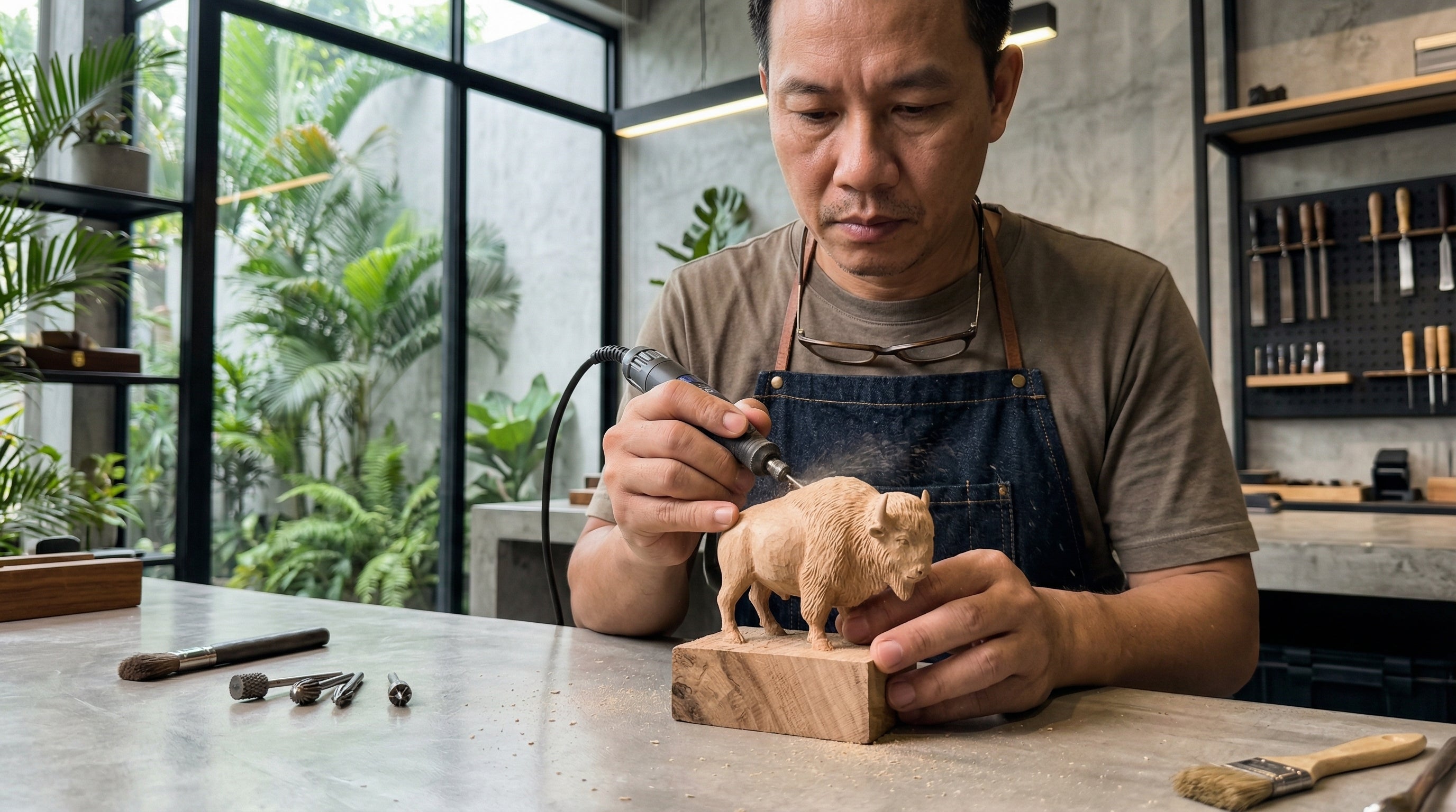 Man working on a wooden sculpture of a bison in a workshop.