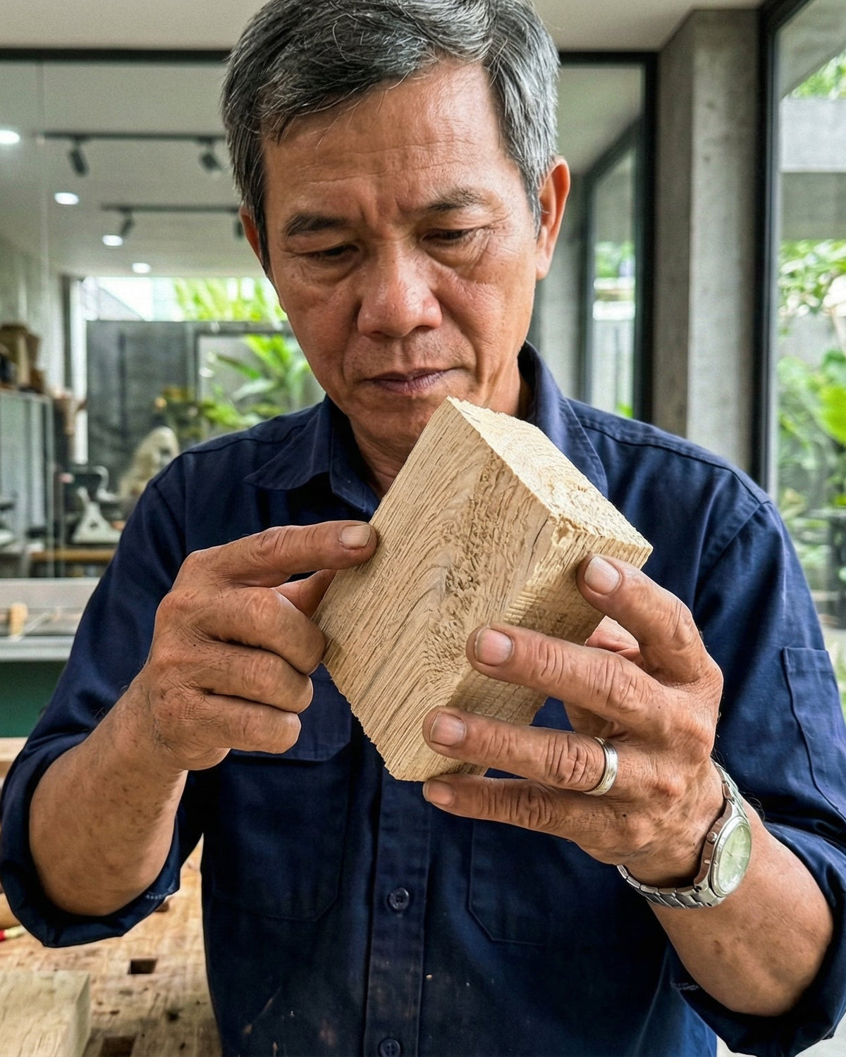 Man inspecting a piece of wood in a workshop