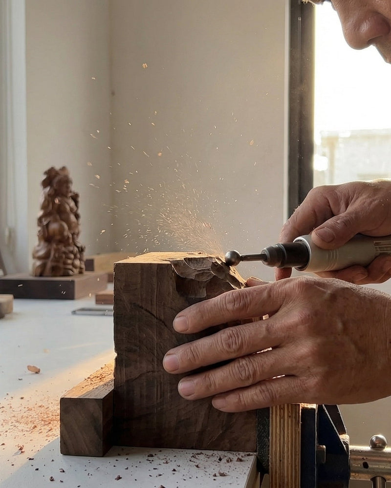 Person working with wood and tools in a workshop setting