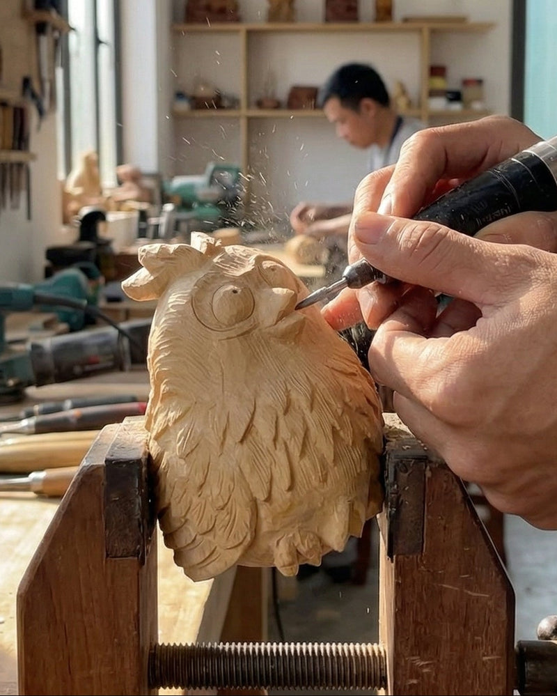 Person using a woodcarving tool on a wooden chicken sculpture in a workshop.