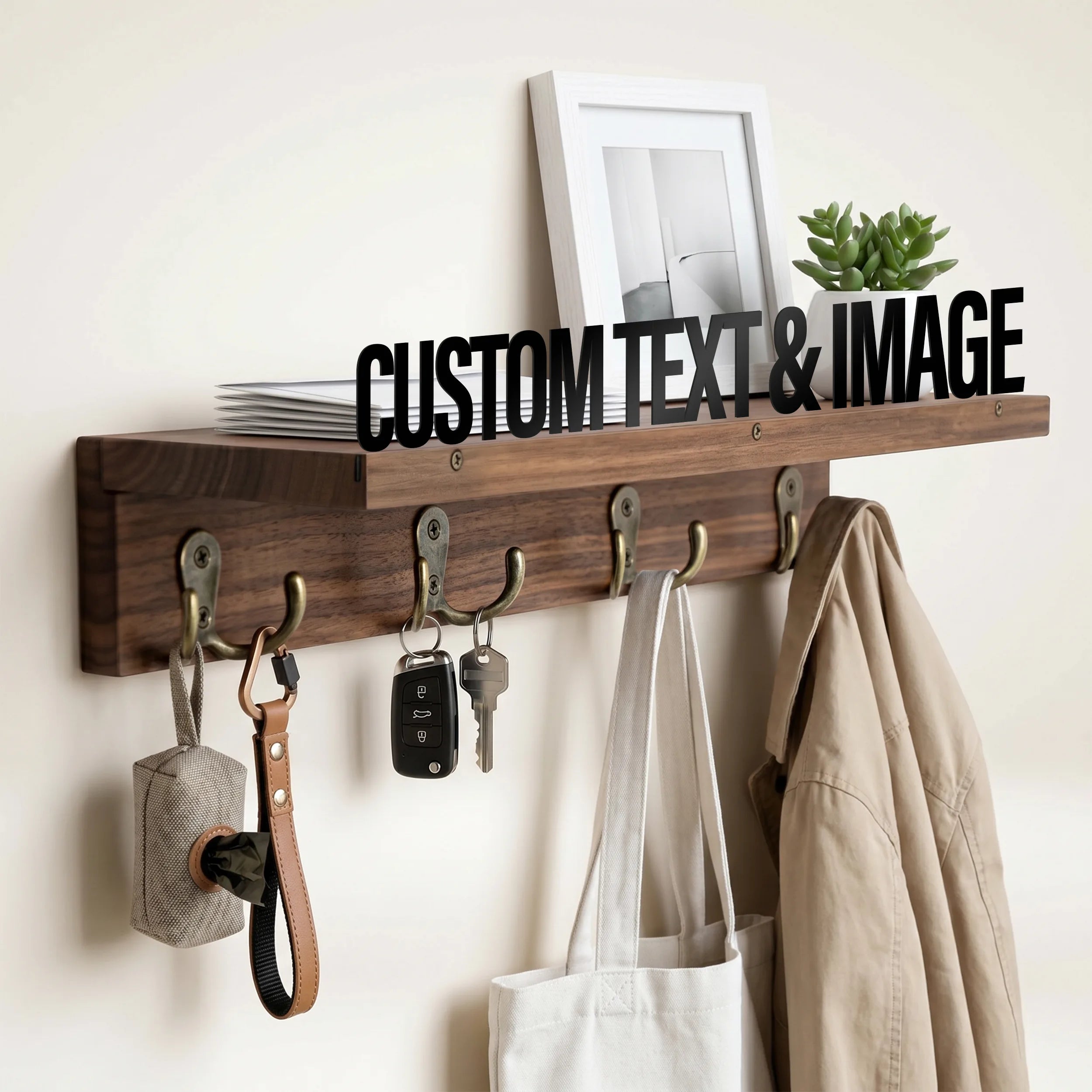 Custom Metal Art Key Holder - Walnut Entryway Organizer & Wooden Coat Rack Wall with Shelf