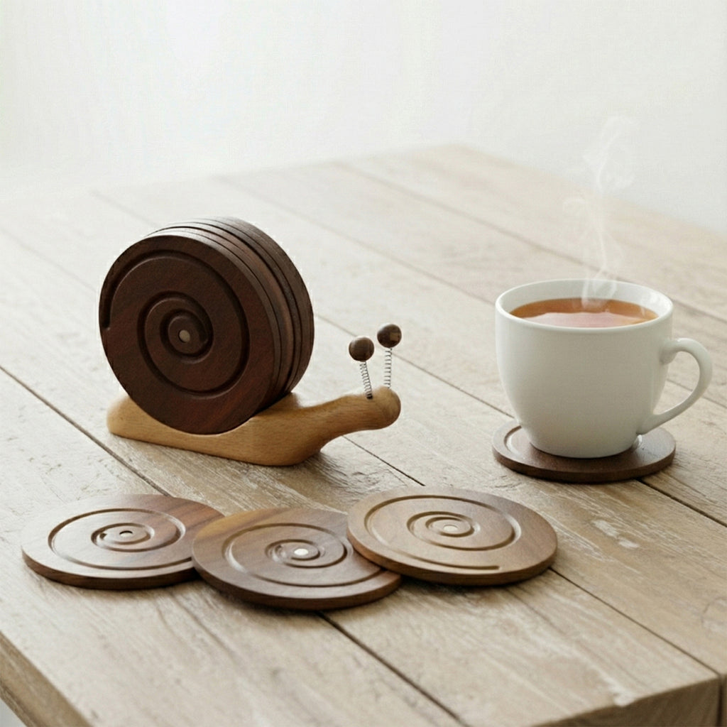 BeeRusty™ – Set of 6 Hand-carved Wooden Coasters with Snail Holder