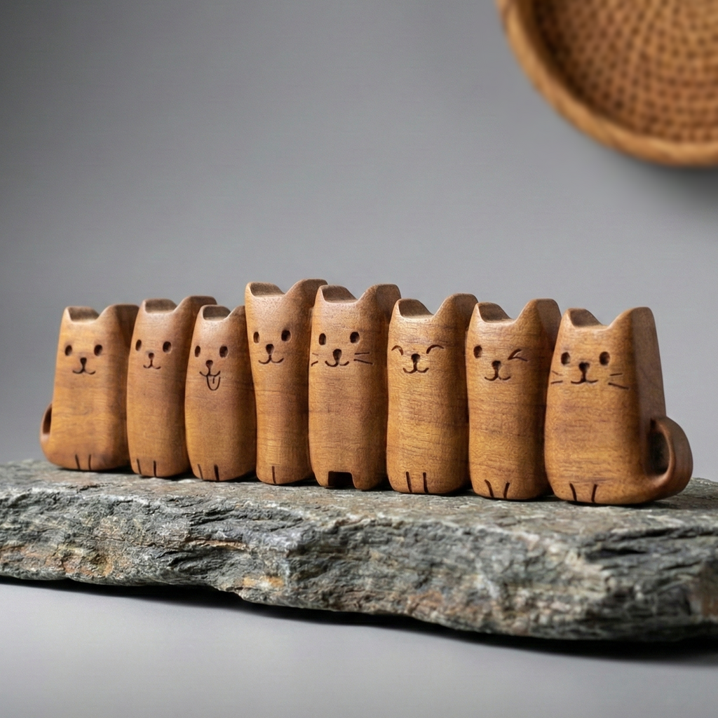 Row of wooden cat-shaped items on a stone surface with a neutral background