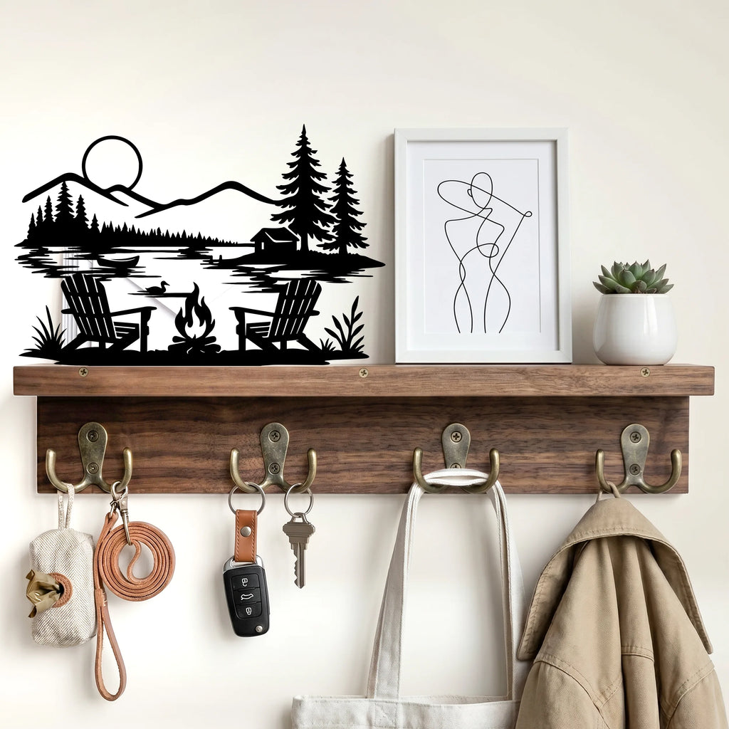 Custom Metal Art Key Holder - Walnut Entryway Organizer & Wooden Coat Rack Wall with Shelf