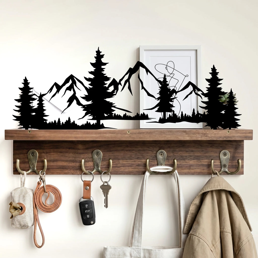 Custom Metal Art Key Holder - Walnut Entryway Organizer & Wooden Coat Rack Wall with Shelf