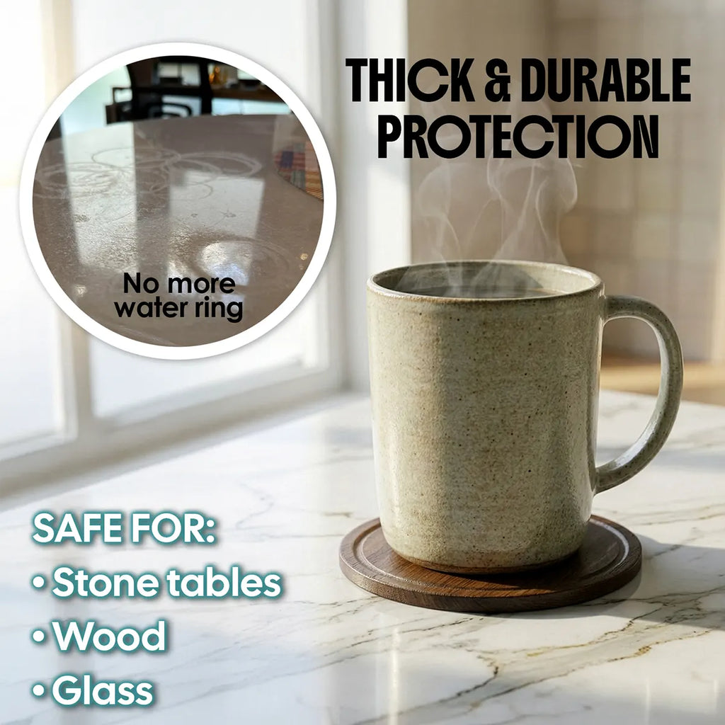 BeeRusty wooden coaster under a hot steaming mug, demonstrating thick and durable protection against heat. Text 'No more water ring' confirms safety for stone tables, wood, and glass surfaces