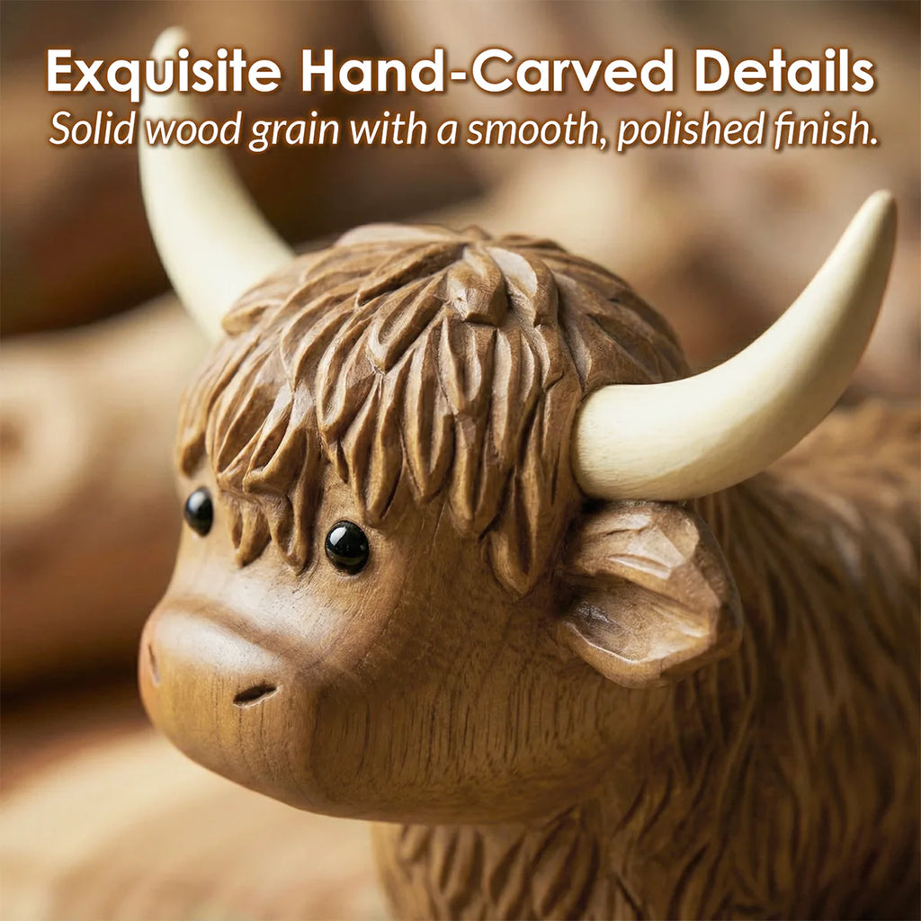 Close-up of BeeRusty wooden Highland Cow face highlighting exquisite hand-carved details and solid wood grain texture with a smooth finish