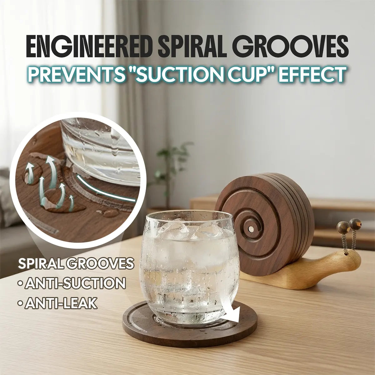 Diagram illustrating BeeRusty wooden snail coasters with engineered spiral grooves to prevent the 'suction cup' effect. Features anti-leak design perfect for cold drinks with condensation