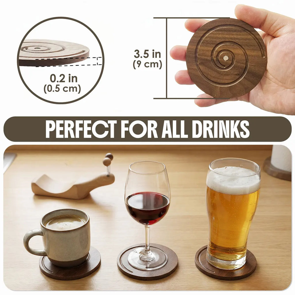 Infographic showing BeeRusty wooden snail coasters dimensions (3.5 inch diameter, 0.2 inch thick). Bottom image demonstrates versatility with coffee mugs, wine glasses, and beer pints, captioned 'Perfect for All Drinks'